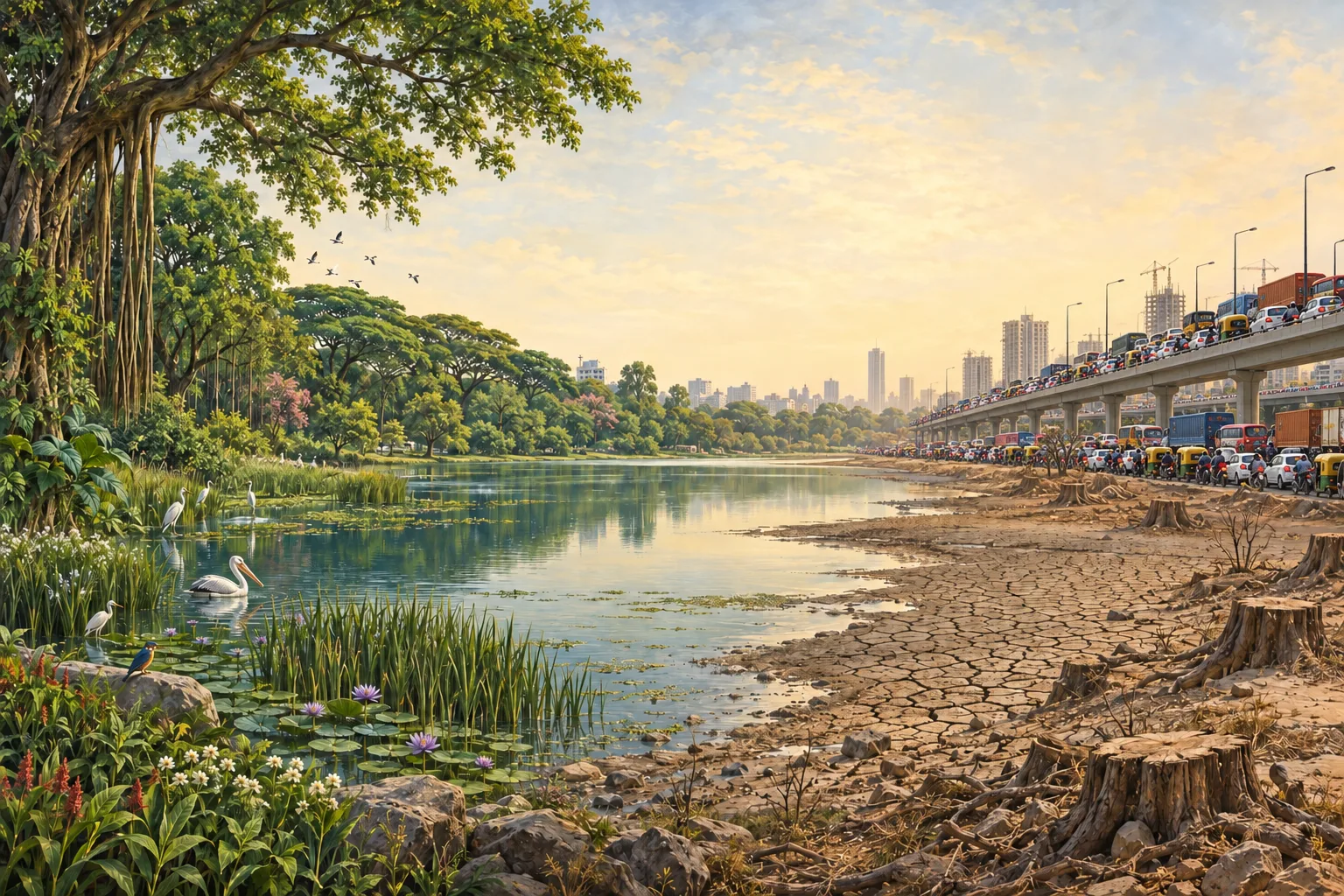 Conceptual painting: a lush lake with mature trees and birds gives way to tree stumps, a cracked lakebed and roads packed with traffic.