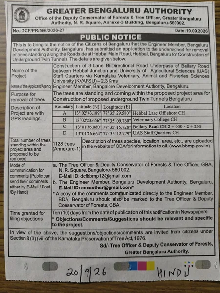 Original newspaper notice from Greater Bengaluru Authority proposing removal of 1,128 trees at Hebbal.